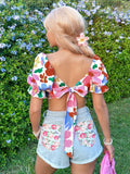 Women's Floral Square Neck Crop Blouse Puff Sleeve Tie Back Multicolor Size L by Deal US