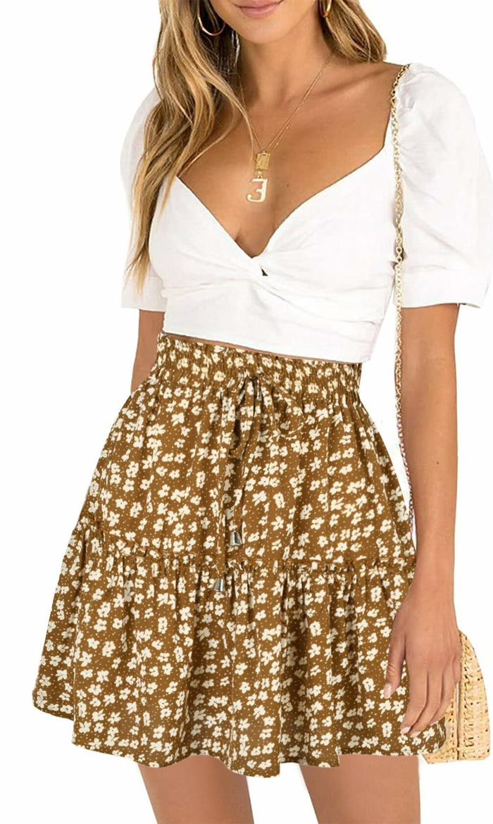 Women's Summer High Waist Drawstring Mini Skirt Casual Flowy Boho Size L by Deal US