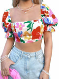 Women's Floral Square Neck Crop Blouse Puff Sleeve Tie Back Multicolor Size L by Deal US