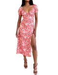 SPRIME Women's Summer Casual V Neck Puff Sleeve Green Flower Midi Dress Size L by Deal US