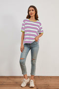 MISSACTIVER Short Sleeve Contrast Striped Tee Shirt Pink Large Size L by Deal US
