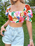 Women's Floral Square Neck Crop Blouse Puff Sleeve Tie Back Multicolor Size L by Deal US