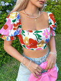 Women's Floral Square Neck Crop Blouse Puff Sleeve Tie Back Multicolor Size L by Deal US