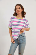 MISSACTIVER Short Sleeve Contrast Striped Tee Shirt Pink Large Size L by Deal US