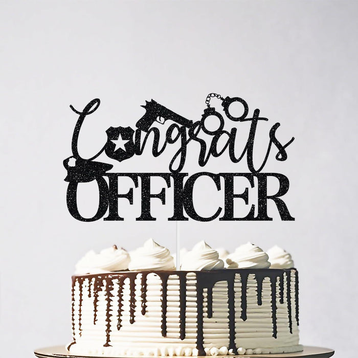 Congrats Officer Cake Topper 2025 Police Graduation Black Glitter by Deal US