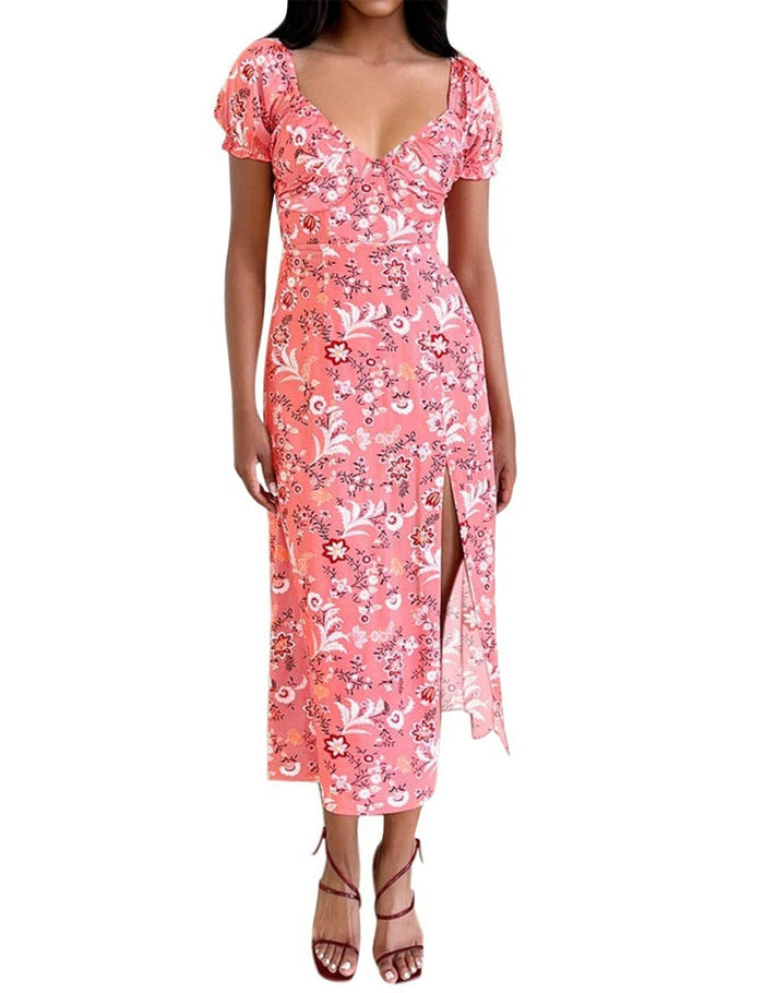 SPRIME Women's Summer Casual V Neck Puff Sleeve Green Flower Midi Dress Size L by Deal US