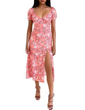 SPRIME Women's Summer Casual V Neck Puff Sleeve Green Flower Midi Dress Size L by Deal US