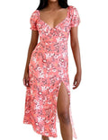 SPRIME Women's Summer Casual V Neck Puff Sleeve Green Flower Midi Dress Size L by Deal US