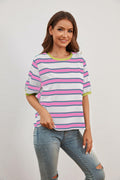MISSACTIVER Short Sleeve Contrast Striped Tee Shirt Pink Large Size L by Deal US