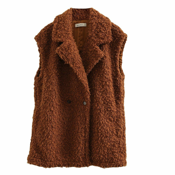 Amazhiyu Womens Faux Fur Waistcoat Vest with Pockets Sleeveless Brown Size XL by Deal US
