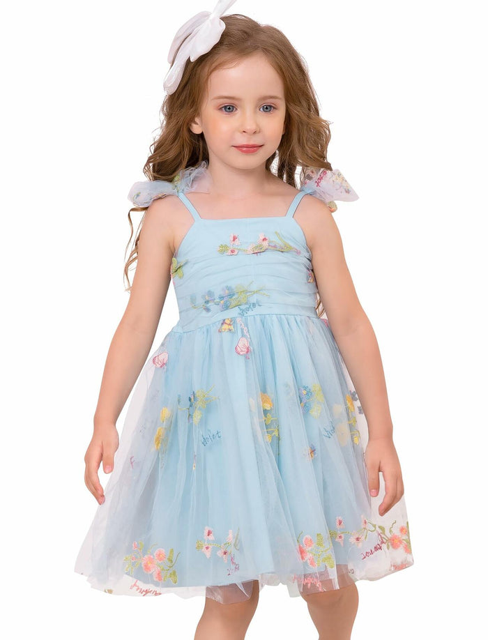 Floral Embroidered Tutu Dress Toddler Girls Bowknot Sleeveless Blue Size 2-3T by Deal US