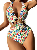 Fruit Print Ring Linked One Piece Swimsuit Cut Out Monokini Multicolor Size S by Deal US