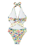 Fruit Print Ring Linked One Piece Swimsuit Cut Out Monokini Multicolor Size S by Deal US