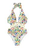 Fruit Print Ring Linked One Piece Swimsuit Cut Out Monokini Multicolor Size S by Deal US