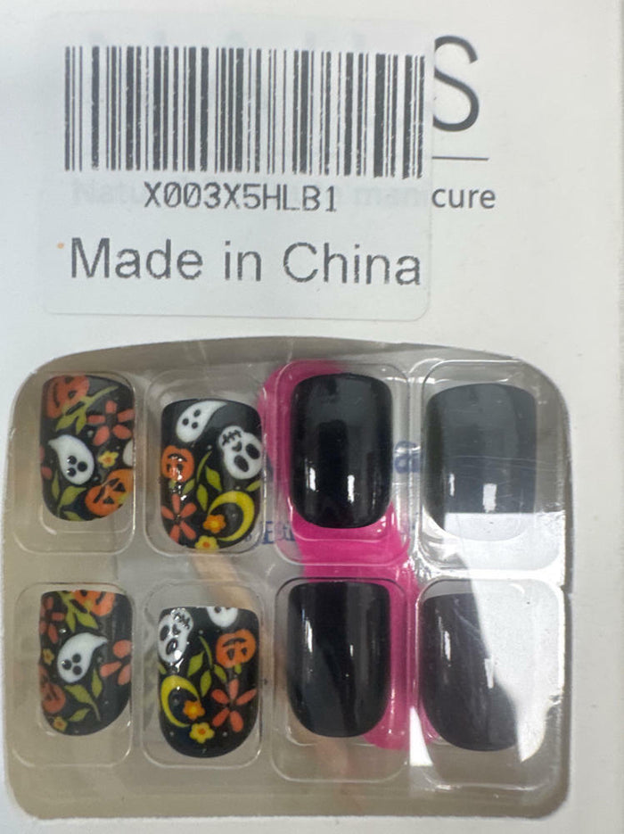 24 Pcs Black Short Square Press On Nails Skull Flower Halloween Full Cover by Deal US