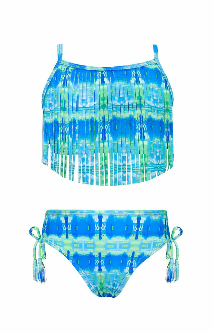 SHEKINI Girls Tie Side Sports Tassel Bikini Set Printed Blue Green Size 10 Years by Deal US