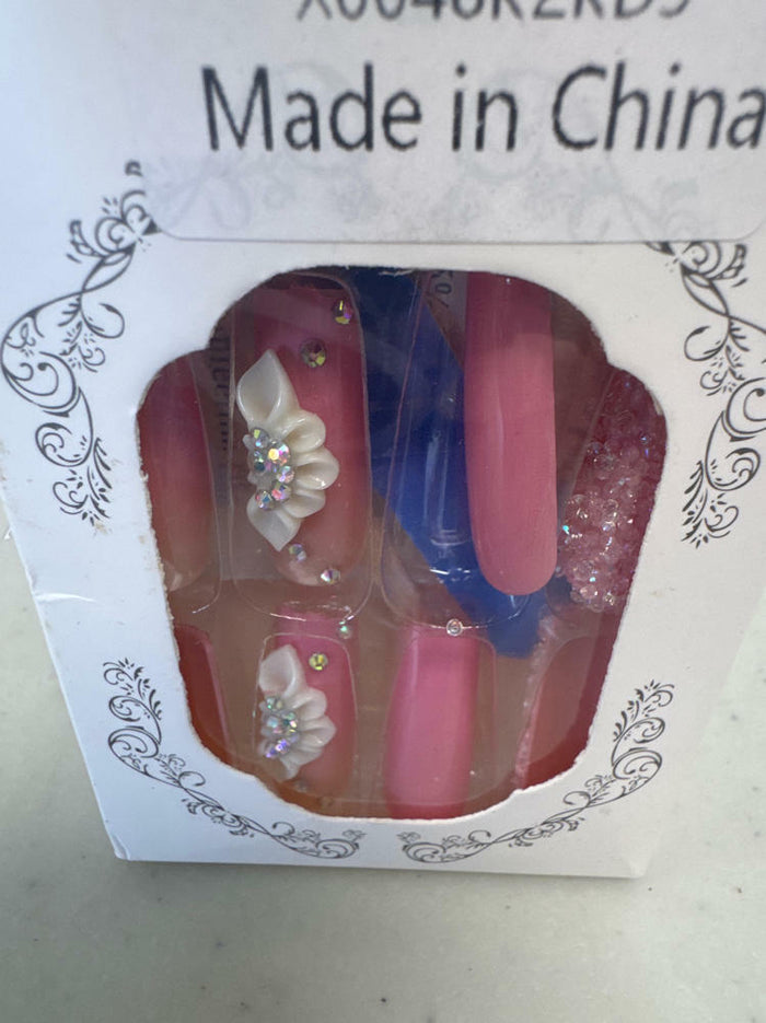 RTKHFZE French Tip Pink Long Square Press On Nails 24pcs Flower Rhinestones by Deal US
