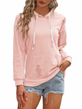 Women Hooded Distressed Sweatshirt Drawstring Kangaroo Pocket Greyblue Size M by Deal US