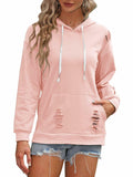 Women Hooded Distressed Sweatshirt Drawstring Kangaroo Pocket Greyblue Size M by Deal US