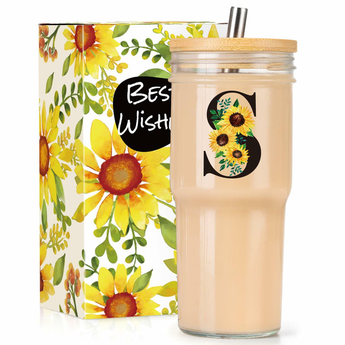 Personalized Initial Glass Cup 24oz Tumbler with Lid Straw J Flowers by Deal US