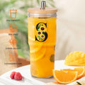 Personalized Initial Glass Cup 24oz Tumbler with Lid Straw J Flowers by Deal US