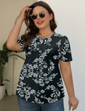 Kistore Women's Tunic Top Plus Size Crew Neck Short Sleeve Black Floral Size 2XL by Deal US