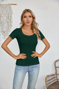 Haochic Womens Square Neck Slim Fit Ribbed T-Shirt Dark Green Size S by Deal US