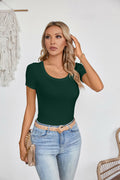 Haochic Womens Square Neck Slim Fit Ribbed T-Shirt Dark Green Size S by Deal US