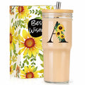 Personalized Initial Glass Cup 24oz Tumbler with Lid Straw Sunflower S by Deal US