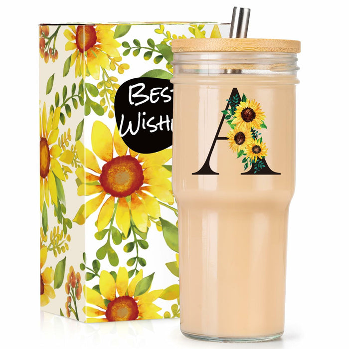Personalized Initial Glass Cup 24oz Tumbler with Lid Straw Sunflower S by Deal US