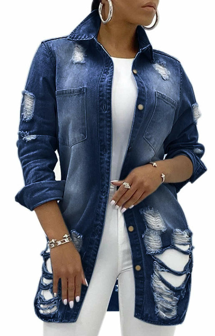 sexycherry Denim Navy Blue Distressed Trucker Jacket for Women Size 3X-Large by Deal US
