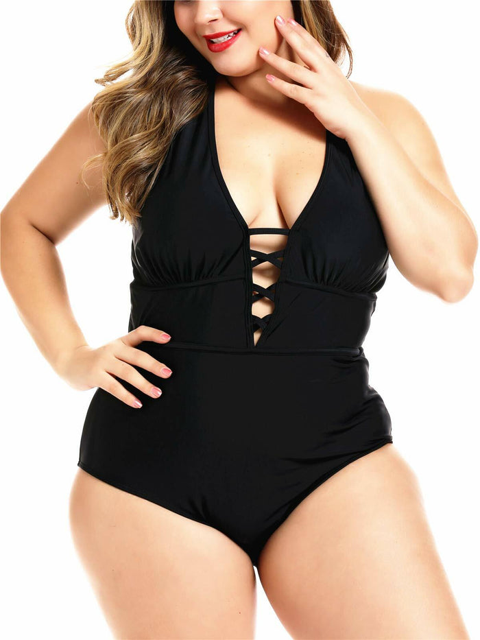 FlatterMe Women's Sexy Plus Size Black One Piece Swimsuit Lace Up Size 3XL by Deal US