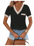 Verdusa Women's Contrast Binding V Neck Short Sleeve Colorblock Tee Black Size S by Deal US