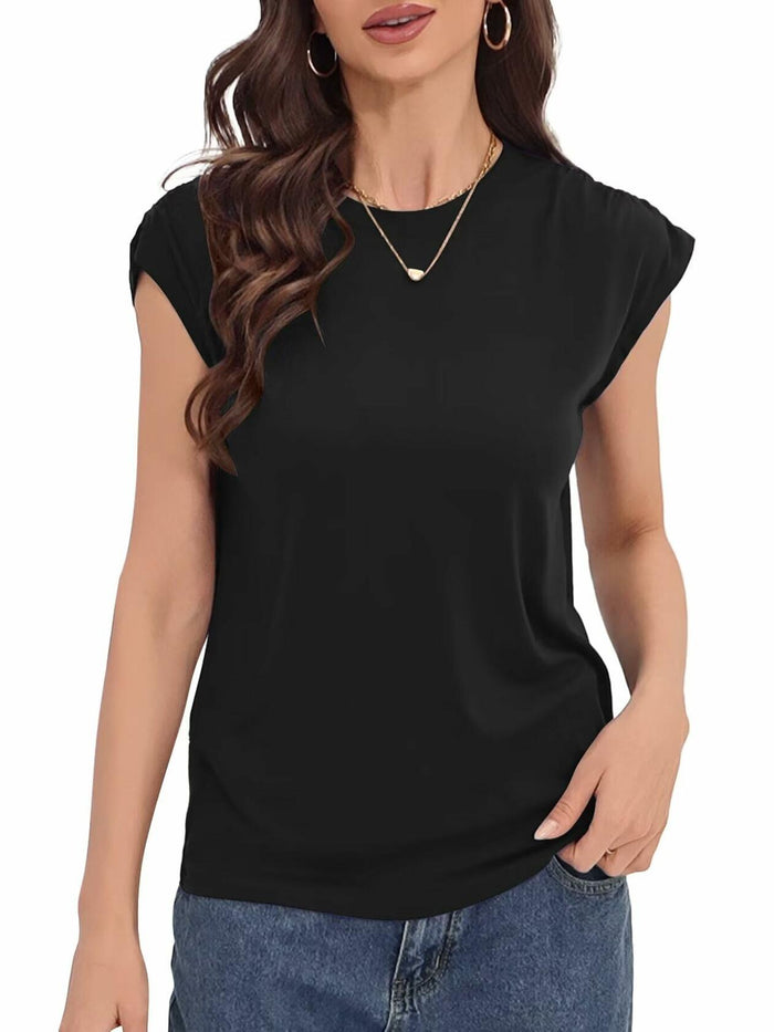 LHIRLE Womens Summer Shoulder Pleats Cap Sleeve T Shirt Black Size S by Deal US