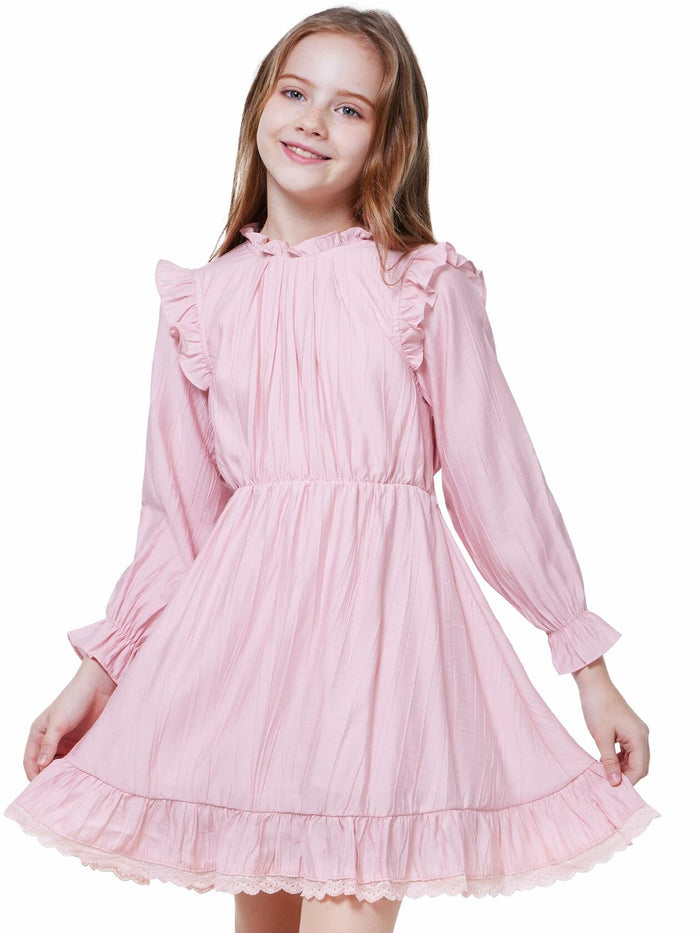 WULFUL Girls Long Sleeve Flared Belted A-line Dress Pink Size 9-10 by Deal US