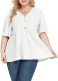 POSESHE Women's Plus Size V Neck Ruffle Button Up Blouse White Size L by Deal US