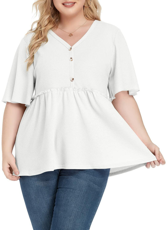 POSESHE Women's Plus Size V Neck Ruffle Button Up Blouse White Size L by Deal US