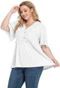 POSESHE Women's Plus Size V Neck Ruffle Button Up Blouse White Size L by Deal US