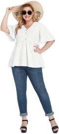 POSESHE Women's Plus Size V Neck Ruffle Button Up Blouse White Size L by Deal US