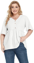 POSESHE Women's Plus Size V Neck Ruffle Button Up Blouse White Size L by Deal US