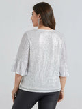 Hanna Nikole Plus Size Bell Sleeve V Neck Blouse Silver White Size 16Plus by Deal US