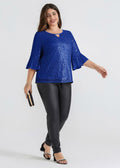 Hanna Nikole Sequin Ruffle Long Sleeve Wrap Blouse Blue Size 16Plus by Deal US