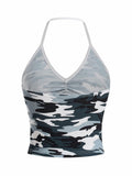Women's Camo V Neck Sleeveless Crop Top Ruched Backless Dark Green Size M by Deal US