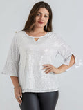 Hanna Nikole Plus Size Bell Sleeve V Neck Blouse Silver White Size 16Plus by Deal US
