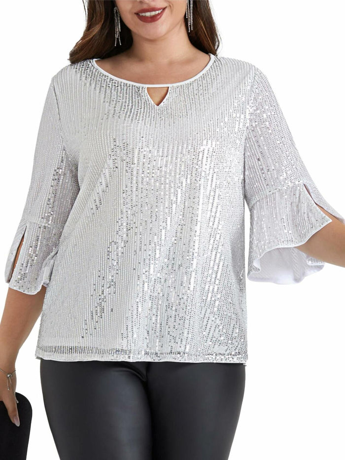 Hanna Nikole Plus Size Bell Sleeve V Neck Blouse Silver White Size 16Plus by Deal US