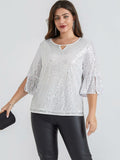 Hanna Nikole Plus Size Bell Sleeve V Neck Blouse Silver White Size 16Plus by Deal US