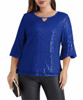 Hanna Nikole Sequin Ruffle Long Sleeve Wrap Blouse Blue Size 16Plus by Deal US