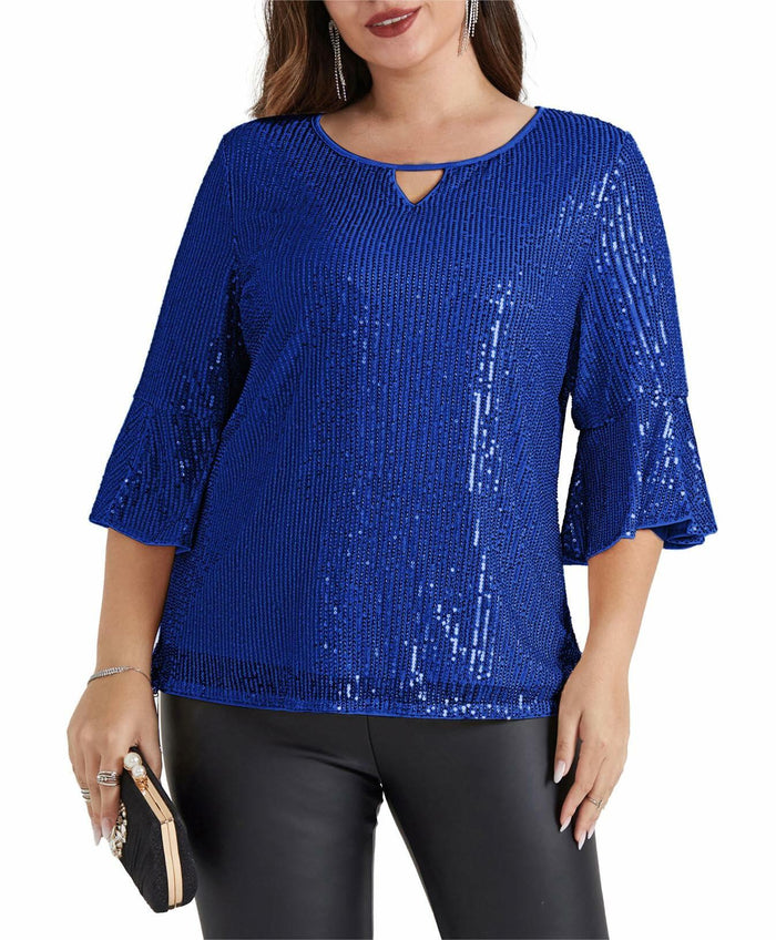 Hanna Nikole Sequin Ruffle Long Sleeve Wrap Blouse Blue Size 16Plus by Deal US