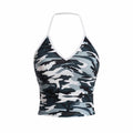 Women's Camo V Neck Sleeveless Crop Top Ruched Backless Dark Green Size M by Deal US