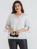 Hanna Nikole Plus Size Bell Sleeve V Neck Blouse Silver White Size 16Plus by Deal US